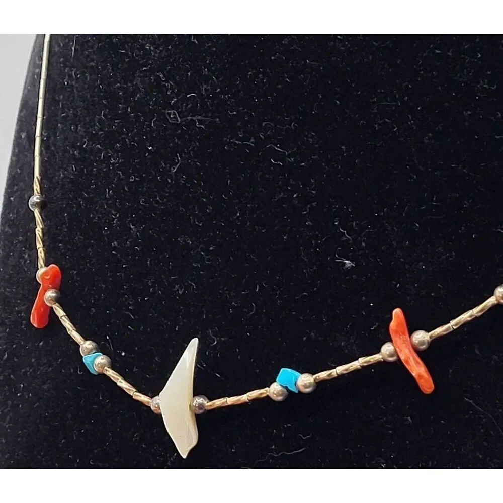 Vintage Native American Zuni Turquoise Coral Fetish Long One Strand Necklace17in